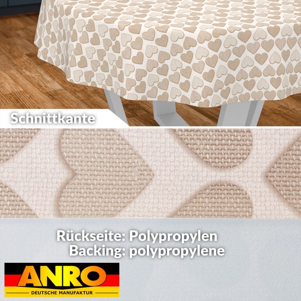 Rundes Tischtuch mit Herzmuster, Detailansicht der Textur und Schnittkante, Polypropylen-Rückseite, ANRO Logo.