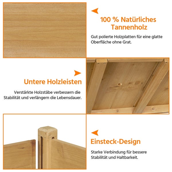 Detailansicht des Produkts aus Tannenholz, einschliesslich Holzplatten, Unterleisten und Steckverbindungen.