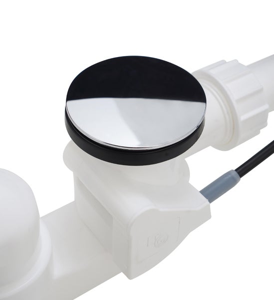 Ablaufgarnitur für Badewannen mit rundem verchromtem Deckel und weißem Kunststoffgehäuse.