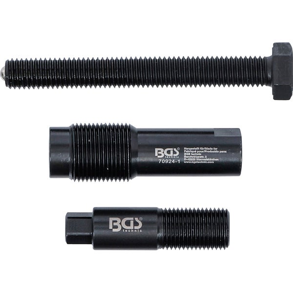 Dreiteiliges Set aus einer Metall-Gewindespindel und zwei Adaptern für Abzieher mit BGS technic Logo.