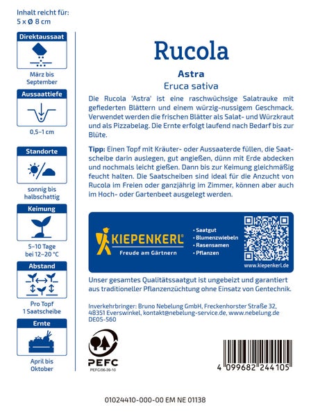 Saatgut Rucola Astra von Kiepenkerl in Saat-scheiben-Form mit Informationen zu Aussaat, Keimung, Standort und Erntezeit.