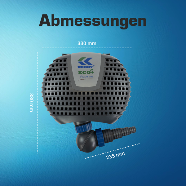 Teichpumpe mit Kerry Logo und Abmessungen: Breite 330 Millimeter, Höhe 380 Millimeter und Anschluss 235 Millimeter.