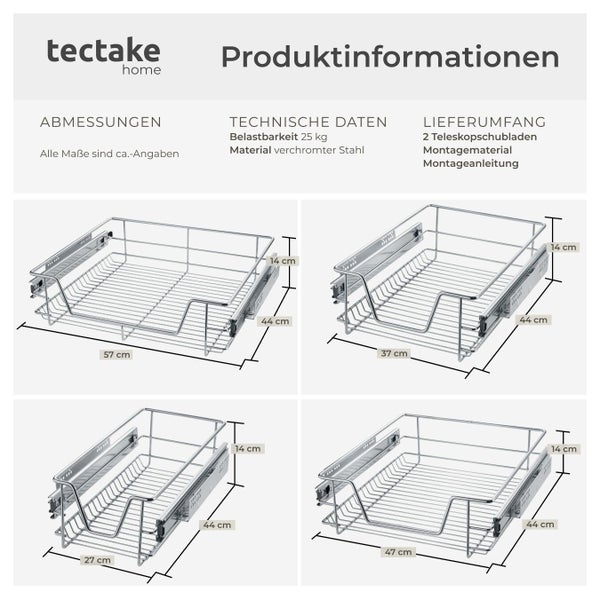 Produktinformationen zu den Tectake Home Teleskopschubladen mit Maßangaben, technischen Daten und Lieferumfang.