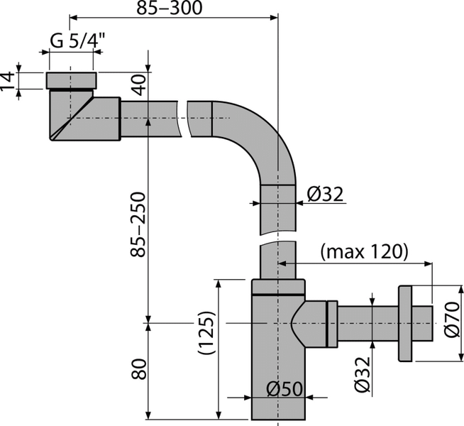 Technisches Maßblatt eines Raumsparsiphons mit Abmessungen in Millimeter und Zoll.