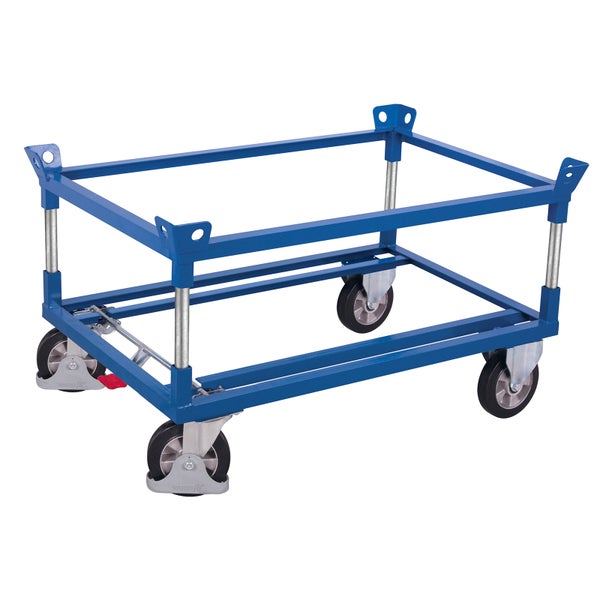 Fahrrahmen für Euro-Flachpaletten aus blauem, pulverbeschichtetem Stahl mit vier Lenkrollen und Feststellbremse.