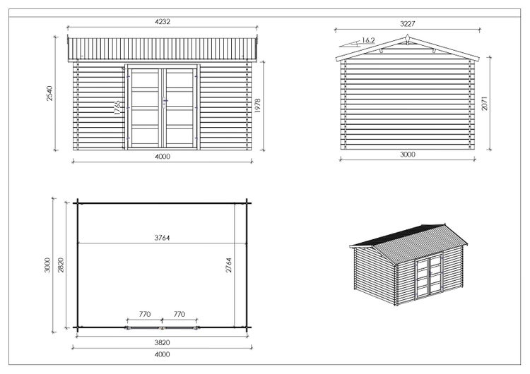 Gartenhaus, Gerätehaus 12m2 - 4x3m - 28mm - Imprägniert