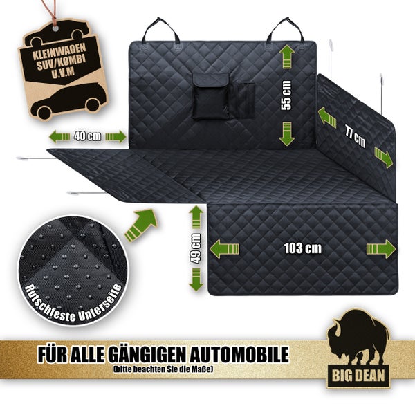 Schwarze Autoschondecke mit den Maßen 55 cm, 77 cm, 40 cm, 49 cm und 103 cm