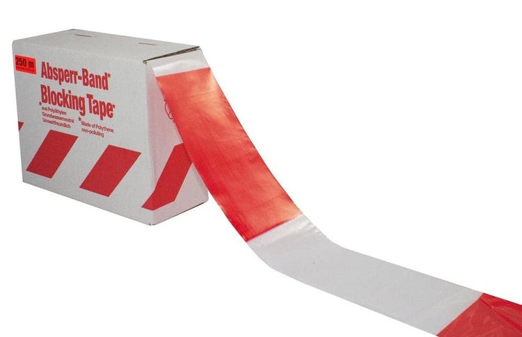 Absperrband rot/weiß 250m inkl. 6 x Absperrleinenhalter rot als Absperrset