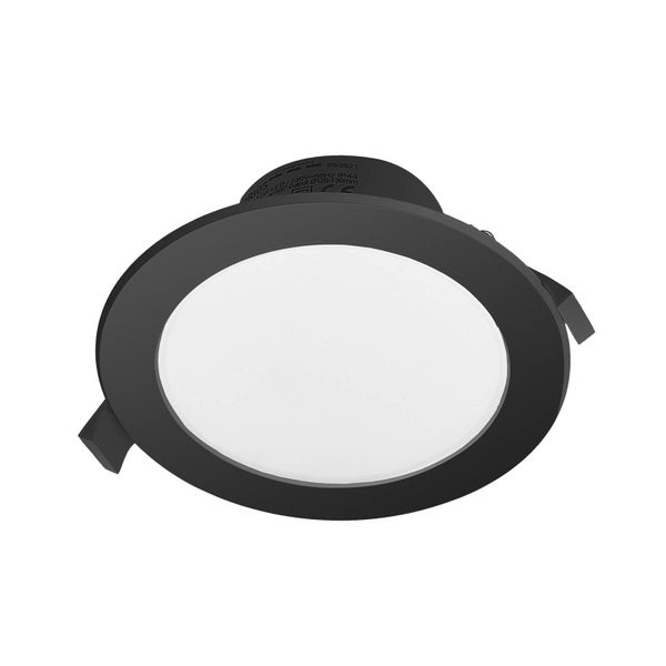 Runder schwarzer LED-Einbaustrahler mit weißem Diffusor für die Deckenmontage.