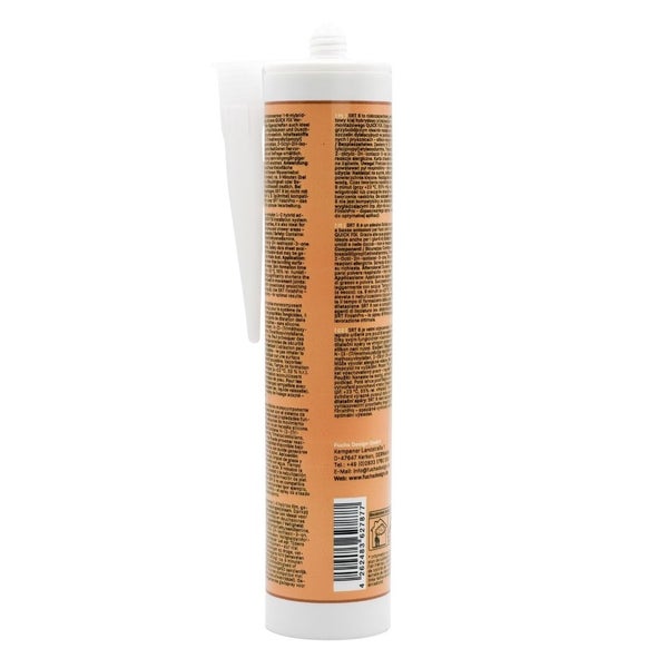 Kartusche mit Einkomponenten-Hybrid-Dichtstoff für Fliesen, mit Dosierdüse, Barcode und Siegel für emissionsarme Produkte.