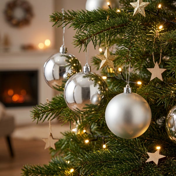 Geschmückter Weihnachtsbaum mit glänzenden silbernen Weihnachtskugeln und hölzernen Sternanhängern vor einem Kamin im gemütlichen Wohnzimmer