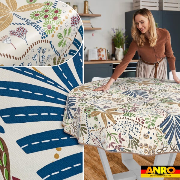 Runde, abwischbare Tischdecke mit buntem botanischem Muster aus Blättern und Blüten. Detailansichten zeigen das strukturierte Material. ANRO Logo.