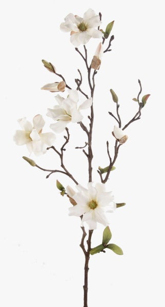 Künstlicher Magnolienzweig mit weißen Blüten und Knospen an einem braunen Stiel.
