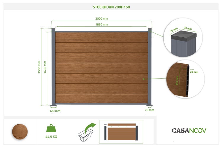 Technische Zeichnung Casanoov Stockhorn 200H150 Zaun. WPC braun, Aluminium grau. 2000 mal 1500 Millimeter. Gewicht 44,5 Kilogramm. Casanoov Logo.