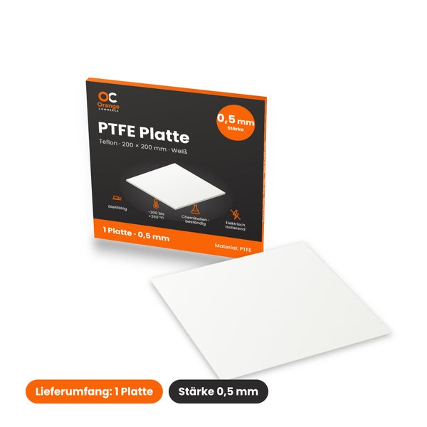 Eine quadratische PTFE Platte mit 0,5 Millimeter Stärke und den Maßen 200 mal 200 Millimeter, inklusive Verpackung mit Orange Commerce Logo.