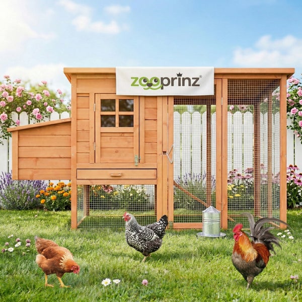 Heller Hühnerstall aus Holz mit Freilaufgehege in einem blühenden Garten mit Hühnern, zooprinz Logo.