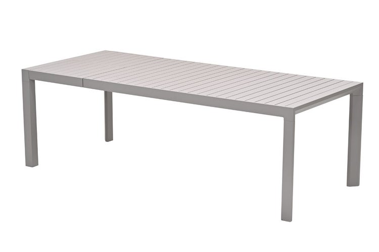 Rechteckiger Gartentisch aus Aluminium mit einer Tischplatte in Lattenoptik.