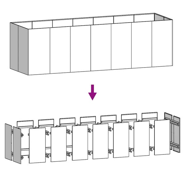 Technische Zeichnung eines Hochbeets aus modularen Paneelen oben montiert und unten in der Explosionsdarstellung mit Einzelteilen.