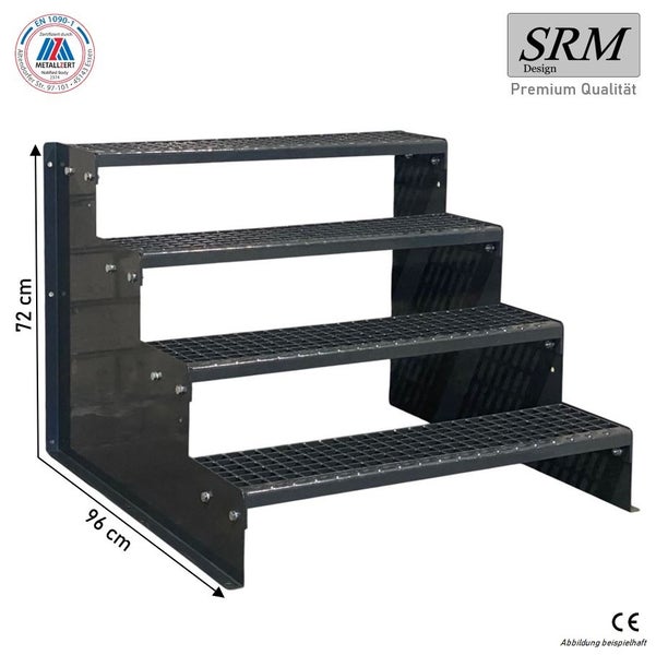 SRM Design Logo, Außentreppe aus Metall mit 4 Gitterroststufen, Höhe 72 Zentimeter, Tiefe 96 Zentimeter, EN 1090-1 zertifiziert, CE-Kennzeichnung.