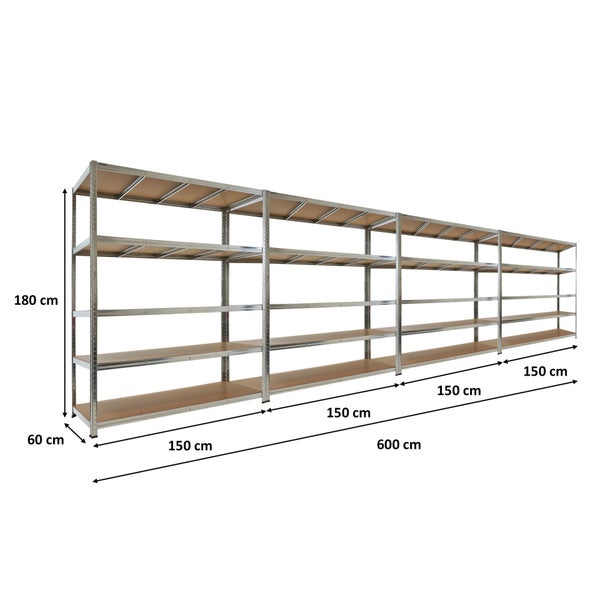 Schwerlast-Steckregal aus Metall, 4 Sektionen, Holzböden. Höhe 180 Zentimeter, Breite 600 Zentimeter, Tiefe 60 Zentimeter.