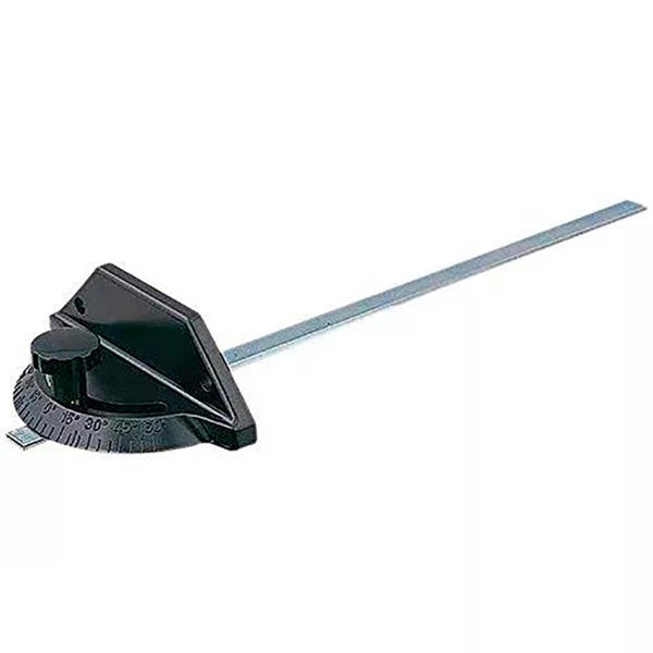Winkelanschlag aus Metall mit Führungsschiene und Feststellknopf für präzise Winkelschnitte.