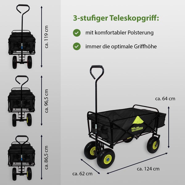 Bollerwagen mit 3-stufigem Teleskopgriff und Größenangaben
