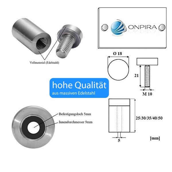 Edelstahl Wandabstandshalter mit technischer Zeichnung und Bemaßung für die Montage von Schildern.