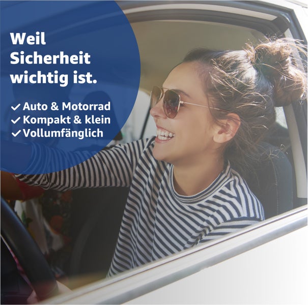 Frau am Steuer eines Autos, Slogan: Weil Sicherheit wichtig ist