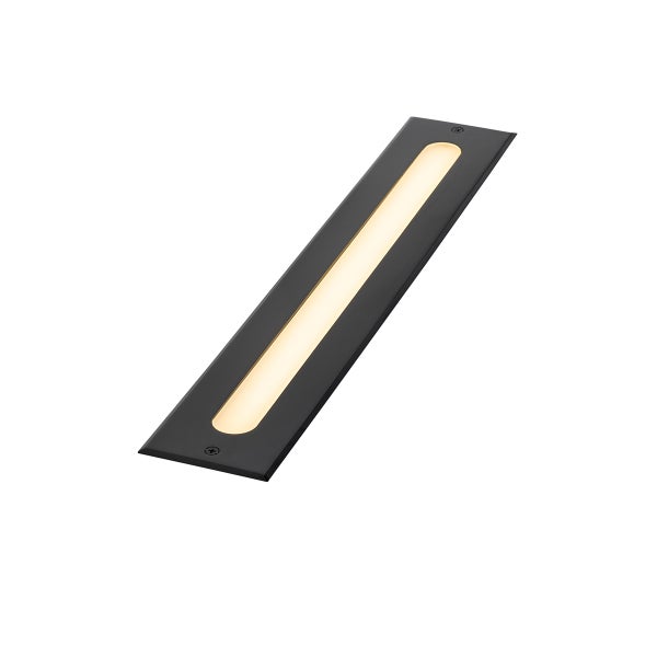 Rechteckige LED-Wandeinbauleuchte in Schwarz mit warmweißem Lichtstreifen.