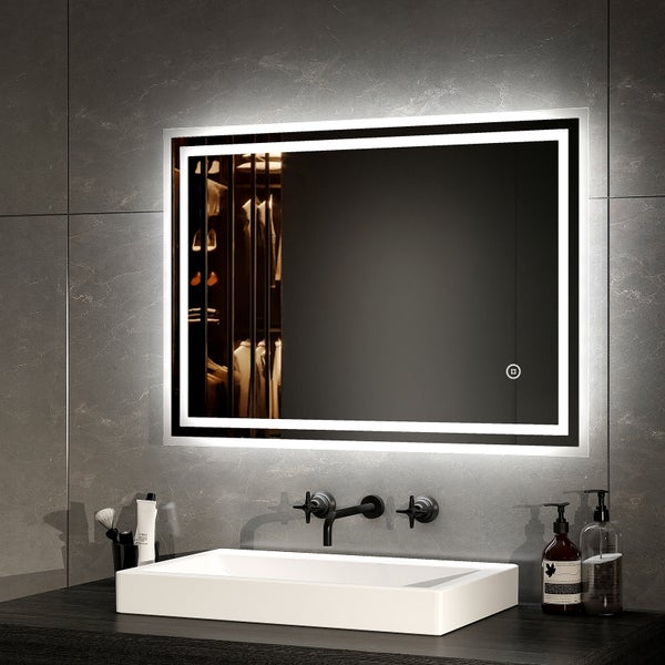 EMKE LED Badspiegel 70x50 cm, Spiegel mit Beleuchtung Kaltweiß, dimmbar & beschlagfrei, Touch-Schalter, Badezimmerspiegel IP44