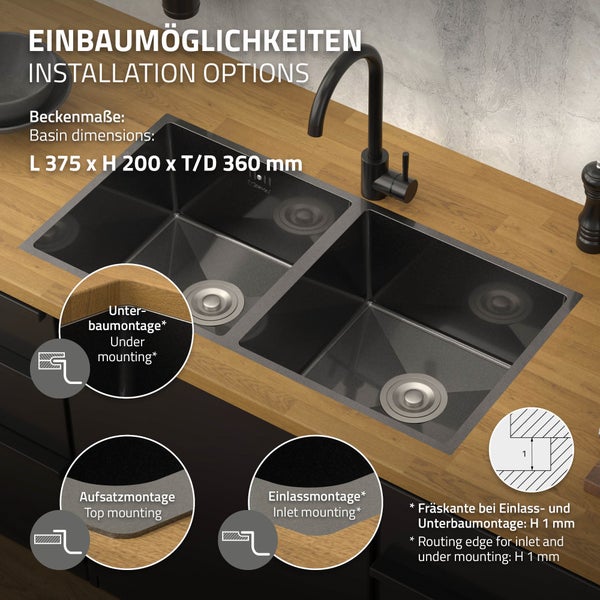 ML-Design Doppelspülbecken Edelstahl 81,5x40 cm Anthrazit, Küchenspüle rechteckig, 2 Becken, Einbauspüle Unterbauspüle, Edelstahlspüle mit Ablaufgarnitur, Doppelbecken mit Siphon, Waschbecken Küche