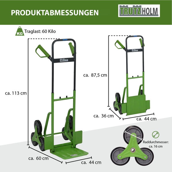Trutzholm Treppensteiger Sackkarre mit Tragekraft 60 Kilogramm und Produktdetails zu Abmessungen und Raddurchmesser.