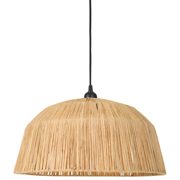 Pendelleuchte mit glockenförmigem Schirm aus Naturfasern und schwarzem Kabel.