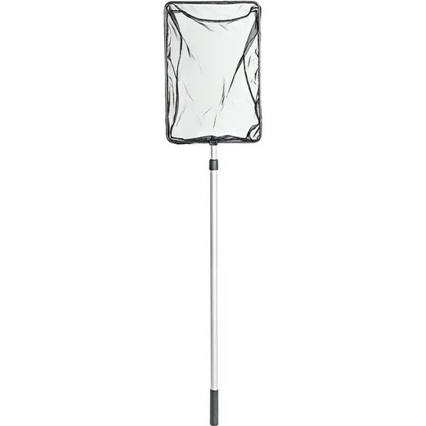 Teichkescher mit rechteckigem Netz und ausziehbarem Teleskopstiel zur Reinigung von Gartenteichen.