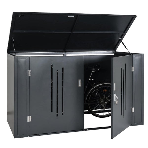 Fahrradbox aus Metall in Anthrazit mit geöffnetem Deckel und Türen, ein Fahrrad steht im Inneren.