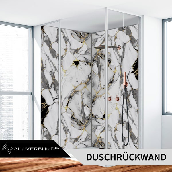Duschrückwand mit Marmoroptik in Schwarz, Grau und Gold