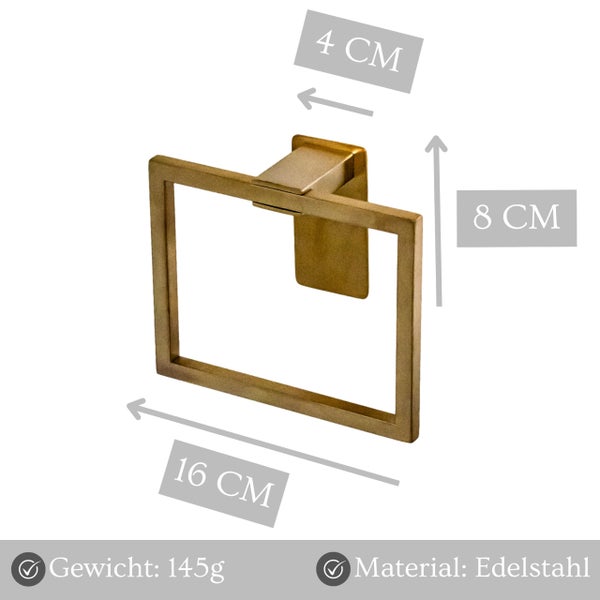 Quadratischer Handtuchring aus Edelstahl mit Maßangaben von 16 mal 8 mal 4 Zentimetern und einem Gewicht von 145 Gramm.
