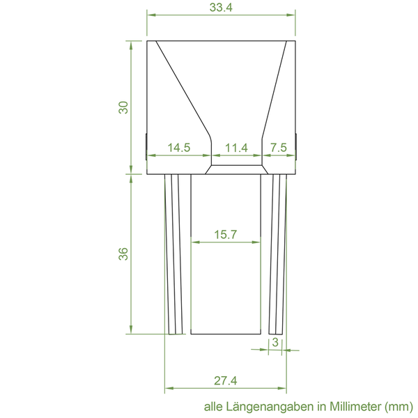 Technische Zeichnung mit Maßangaben in Millimeter für ein Bauteil mit verschiedenen Breiten und Höhen.