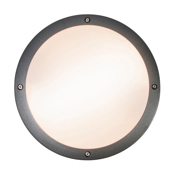Runde Außenleuchte für Wand oder Decke mit anthrazitfarbenem Metallrahmen und weißem Diffusor.