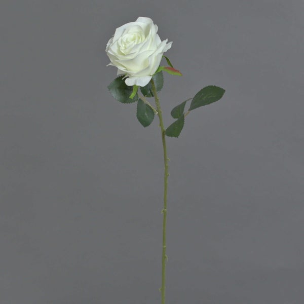 Künstliche weiße Rose mit grünem Stiel und Blättern.