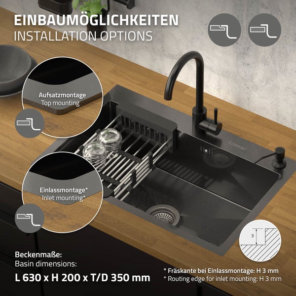 ML-Design Spülbecken Edelstahl 68x45 cm Anthrazit, Küchenspüle 1 Becken Einbauspüle, Edelstahlspüle mit Ab- und Überlaufgarnitur, Abtropfkorb, Seifenspender, Einzelbecken mit Siphon, Waschbecken Küche