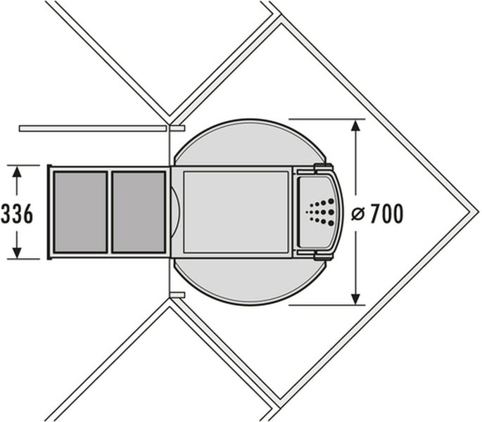Technische Zeichnung einer Dusche mit den Maßen 336 und 700 Millimeter