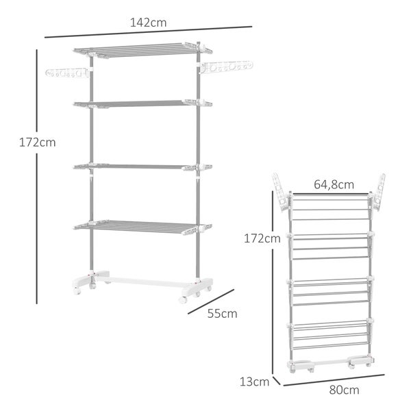 HOMCOM Wäscheständer, 142 x 55 x 172 cm, Stahl, Weiß