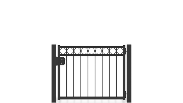 Gartentor ZAUNGURU BASIC-Linie Oldenburg Kreis aus Metall, Höhe: 103cm, Breite: 150cm, 1-flügelig inkl. Pfosten, Schloss und Zubehör, Feuerverzinkt und in RAL 7016 Anthrazitgrau pulverbeschichtet