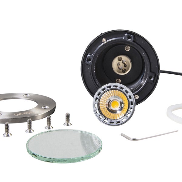 QAZQA Bodeneinbaustrahler Set bestehend aus Gehäuse, LED Leuchtmittel, Edelstahlring, Glasplatte, Schrauben und Inbusschlüssel.
