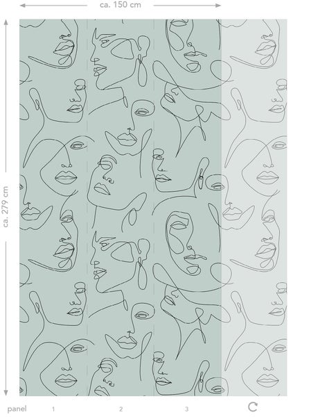 Fototapete mit Gesichtsskizzen, circa 150 cm breit und circa 279 cm hoch