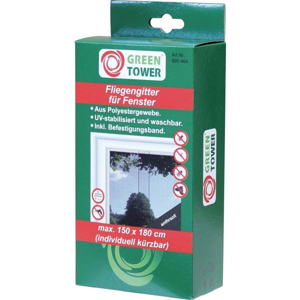 Green Tower Fliegengitter für Fenster aus Polyestergewebe, anthrazit, maximal 150 mal 180 Zentimeter, individuell kürzbar.