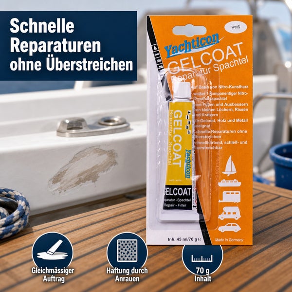 Yachticon Gelcoat Reparatur Spachtel für schnelle Ausbesserungen an Booten, 70 Gramm Tube in Weiß.