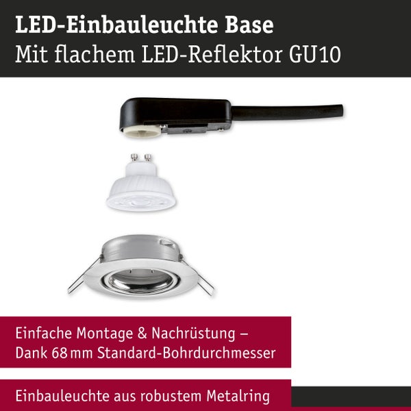 LED-Einbauleuchte Base mit flachem GU10 Reflektor und Metallring für 68 Millimeter Standard Bohrdurchmesser.