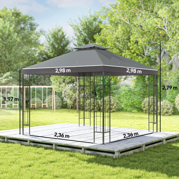 Outsunny Pavillon mit Doppeldach, ca. 3x3 m Wasserabweisend Stabil Winterfest Gartenpavillon mit UV-Schutz Partyzelt aus Metall, für Garten, Terrasse, Dunkelgrau